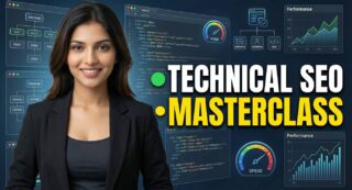 Technical SEO masterclass YouTube thumbnail showing a digital marketing expert with website code, sitemap structure, speed metrics, schema icons, and performance graphs in the background.