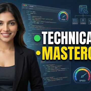 Technical SEO masterclass YouTube thumbnail showing a digital marketing expert with website code, sitemap structure, speed metrics, schema icons, and performance graphs in the background.