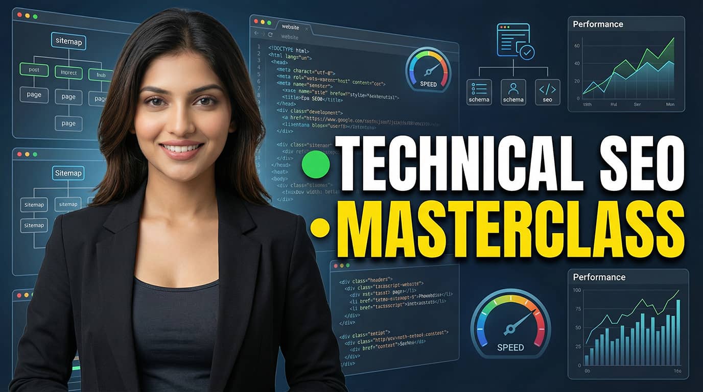 Technical SEO masterclass YouTube thumbnail showing a digital marketing expert with website code, sitemap structure, speed metrics, schema icons, and performance graphs in the background.