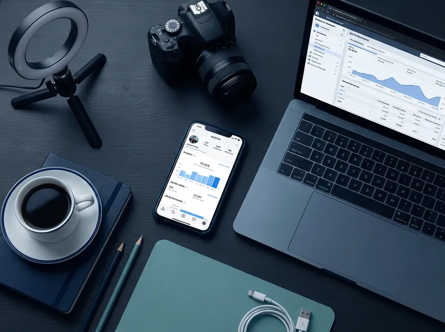 Professional social media content creation workspace with analytics tools